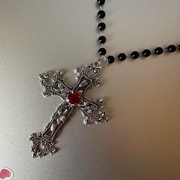 Statement Cross Necklace Gothic Crystal Floral Design Big Punk Goth Silver New - Picture 3 of 8